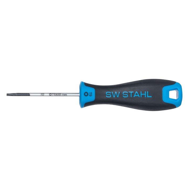 SW-Stahl csavarhúzó, torx profil, méretek T9 x 60 mm, kétkomponensű markolat, mágneses hegy