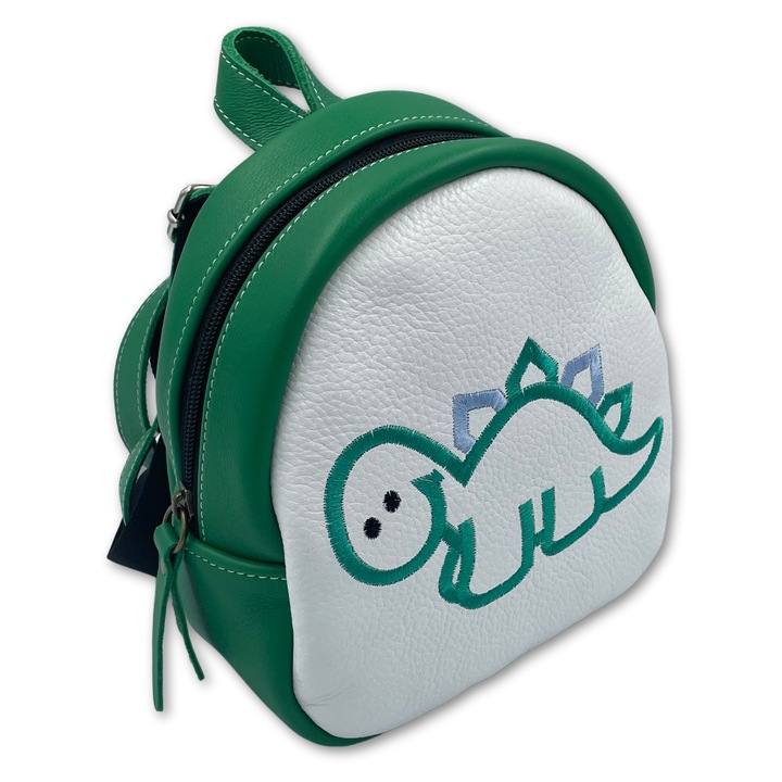 Rucsac copii, Piele Naturala, Macco, Dino, Verde/Alb