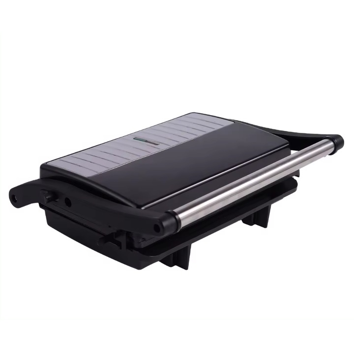 Szendvicssütő, Grill, Panini, tapadásmentes lapok, 1000W, 180°-os nyitás, túlmelegedés elleni védelem, hideg fogantyú, csúszásmentes lábak, PROMERCO
