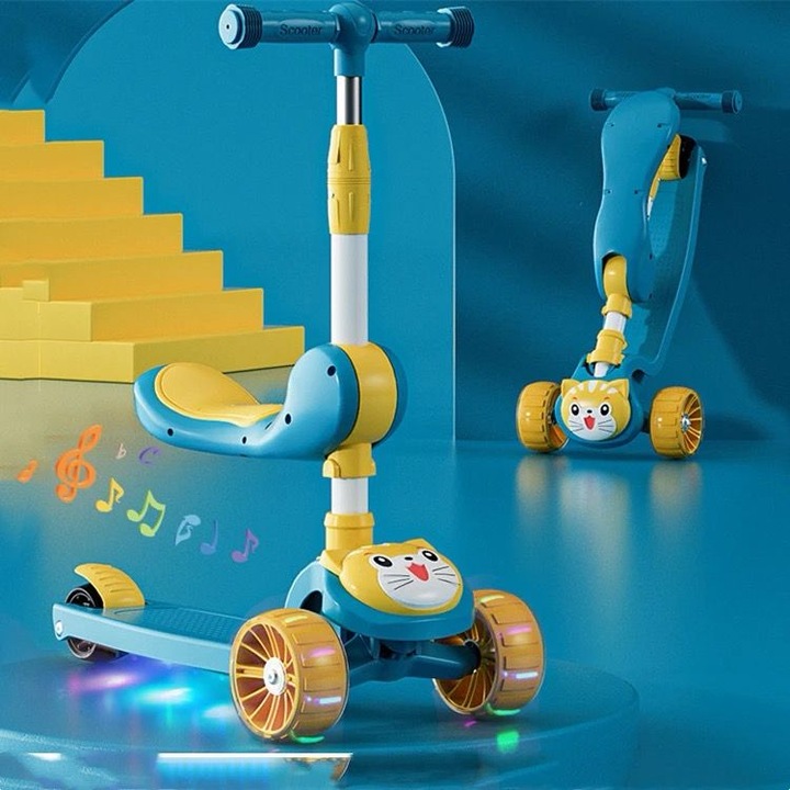 Trotineta cu sezut pentru copii 2 in 1, roti luminoase, ghidon reglabil, pliabila, albastru