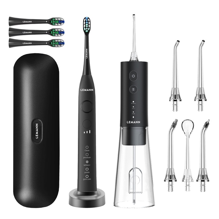 Set Periuta Electrica+Irigator Bucal Lemann: Periuta de Dinti Sonica LEMANN UltraSonic Pro 48, 48, 000 Pulsatii/min, 5 Moduri, 3 Niveluri Intensitate, 4 capete incluse, Neagra+ Irigator Oral LEMANN PRO-5000, 1400 Pulsatii/min, 4 Moduri, 5 Duze, Negru