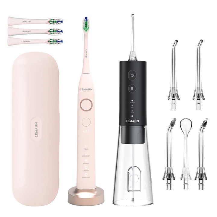 Set Periuta Electrica+Irigator Bucal Lemann: Periuta de Dinti Sonica LEMANN UltraSonic Pro48, 48, 000 Pulsatii/min, 5 Moduri, 3 Niveluri Intensitate, 4 capete incluse, Roz Pudrat + Irigator Oral LEMANN PRO-5000, 1400 Pulsatii/min, 4 Moduri, 5 Duze, Negru