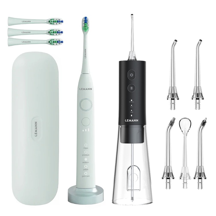 Set Periuta electrica+Irigator bucal Leman Periuta de Dinti Sonica LEMANN UltraSonic Pro48, 48,000 Pulsatii/min, 5 Moduri, 3 Niveluri Intensitate, 4 capete incluse, Verde Fistic + Irigator Oral LEMANN PRO-5000, 1400 Pulsatii/min, 4 Moduri, 5 Duze, Negru