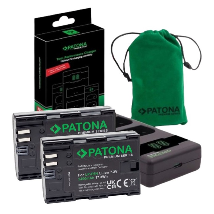 Pachet Incarcator Patona Premium Dual Performance PD, 2 x Acumulatori Patona Premium LP-E6N pentru Canon EOS R6 80D 90D si Microfibra Smardy