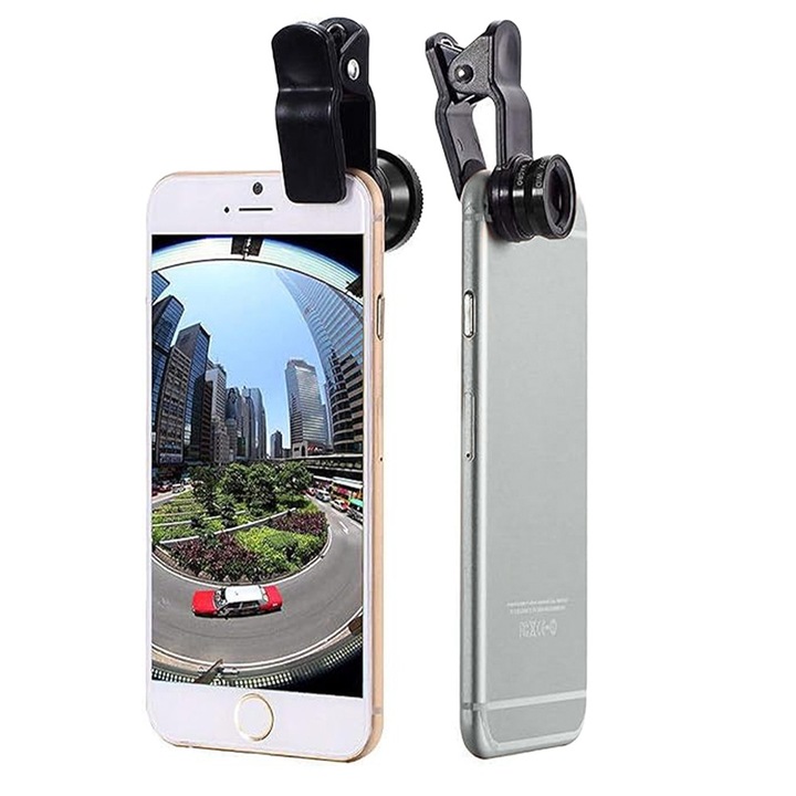 Set 3 lentile fotografice, FONIX, Obiectiv camera foto, Lentila Macro, Wide, Fisheye, Negru