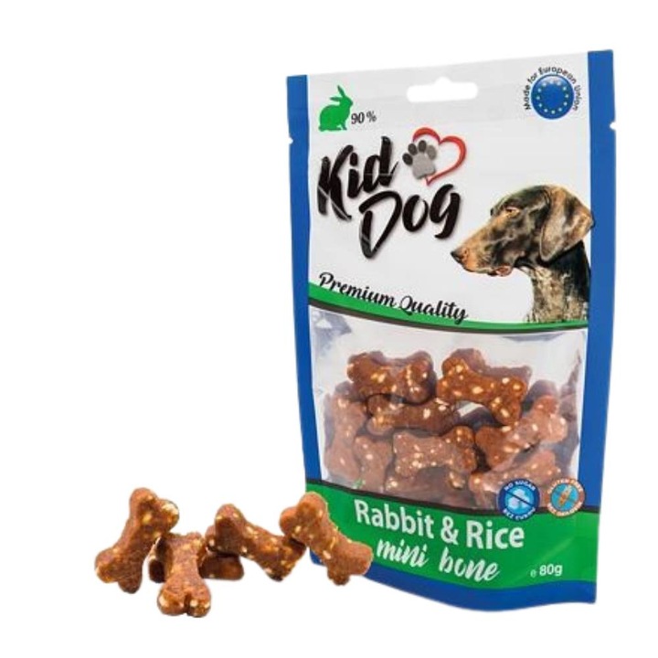 Recompense Pentru Caini, KidDog, Mini Oase Cu Iepure Si Orez, 80 g, A04820