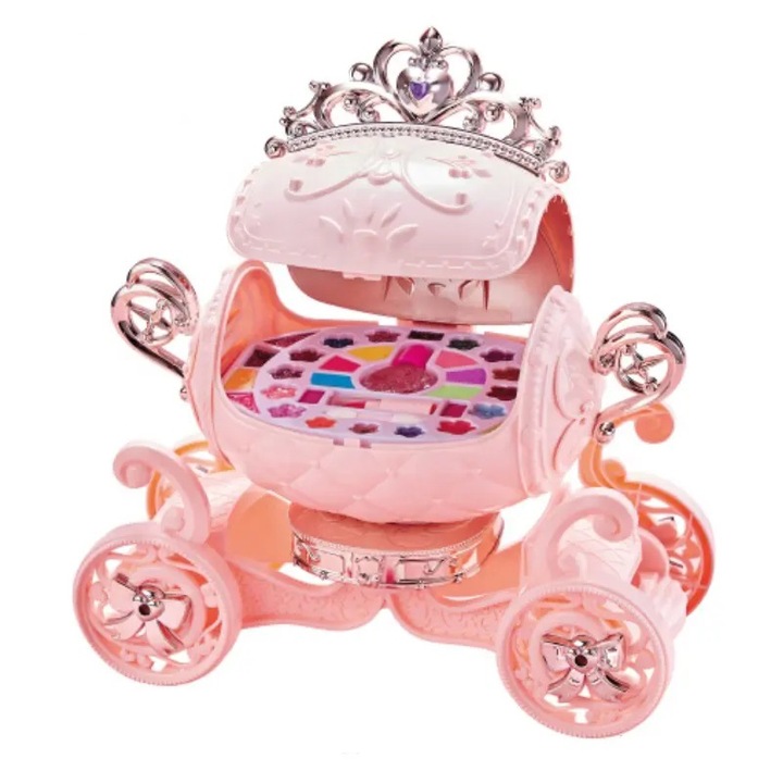 Детски комплект гримове с уникален дизайн, модел Princess Carriage, комплект гримове WePro Store, сенки за очи, червило, множество аксесоари в различни цветове, Нетоксичен, Розов, 3 години +