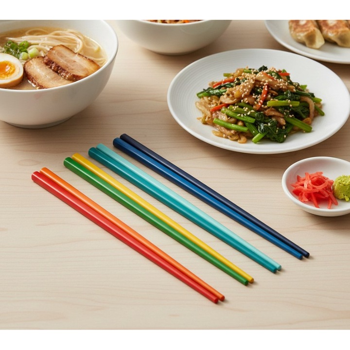 Set 4 perechi betisoare chinezesti premium, Syamag, chopsticks, din bambus, colorate, 23 cm