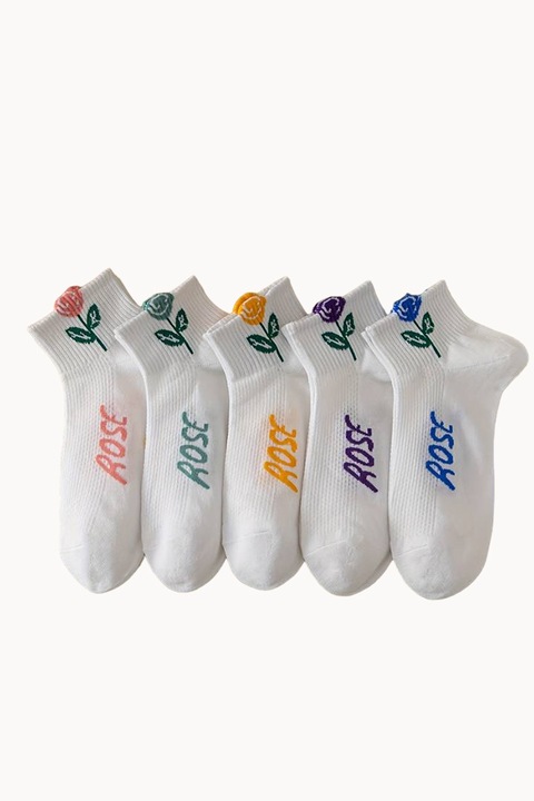Sosete dama, set 5 perechi, model cu floare peste glezna, tematica perfect rose, marimea 36 - 42, alb cu multicolor, EFAYN