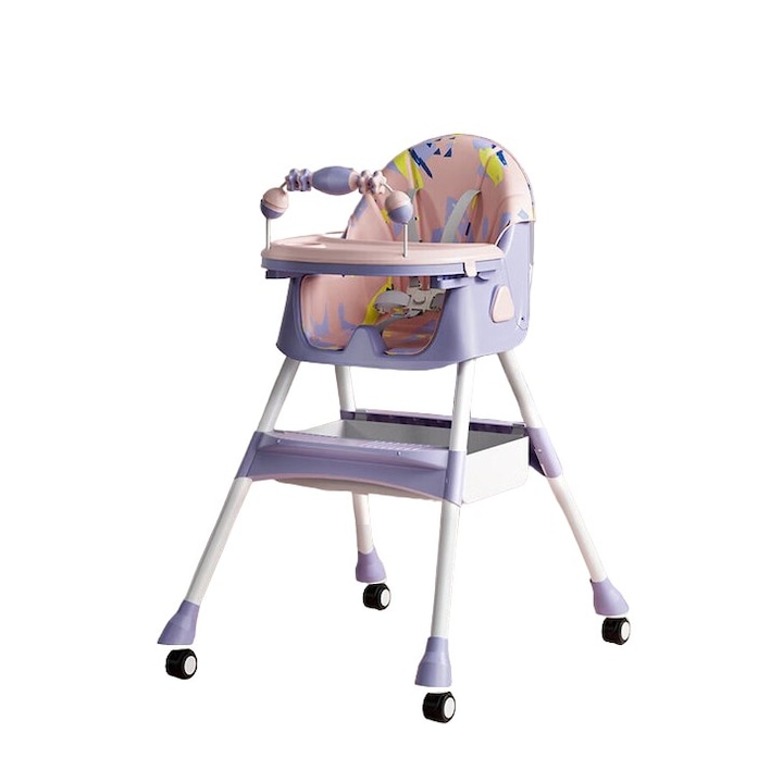 Scaun de Masa pentru Bebelusi si Copii, Flippy, 2 Tavite cu Jucarii si Husa Detasabile, Multifunctional, Stabil, Centura de Siguranta, Spatar Reglabil Moale, tip Balansoar, Cos de Depozitare, de la 6 Luni, 97x73x65cm, Mov