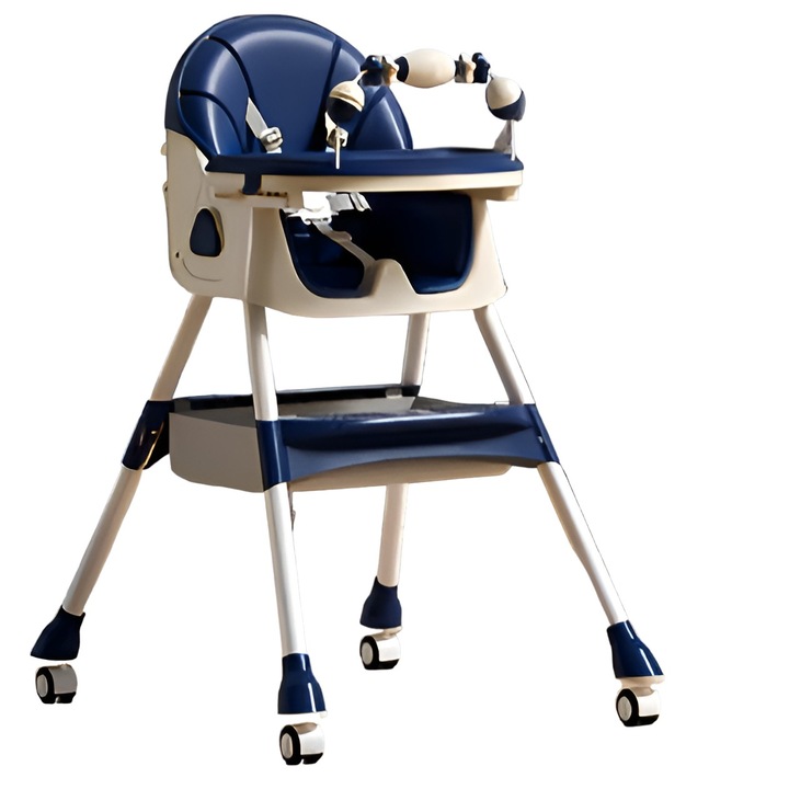 Scaun de Masa pentru Bebelusi si Copii, Flippy, 2 Tavite cu Jucarii si Husa Detasabile, Multifunctional, Stabil, Centura de Siguranta, Spatar Reglabil Moale, tip Balansoar, Cos de Depozitare, de la 6 Luni, 97x73x65cm, Albastru