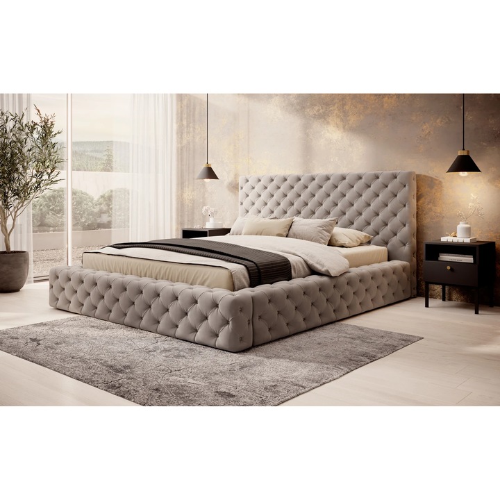 Pat tapitat PRINCE CHESTERFIELD pentru saltea de 160x200 cm, cu somiera rabatabila si lada de depozitare