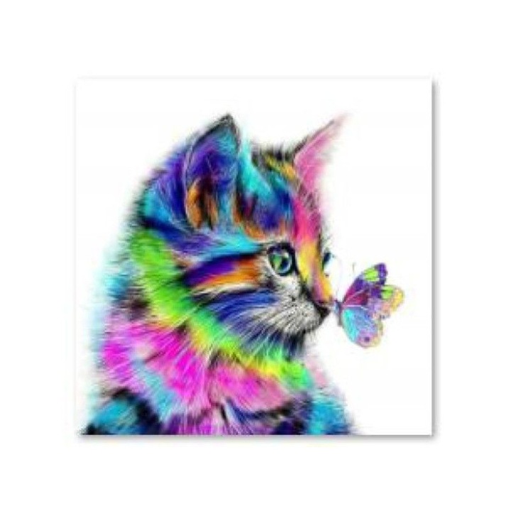 Set de Artizanat DK, Mozaika Diamentowa, Motiv Pisica cu Fluture, Multicolor, 30x30cm