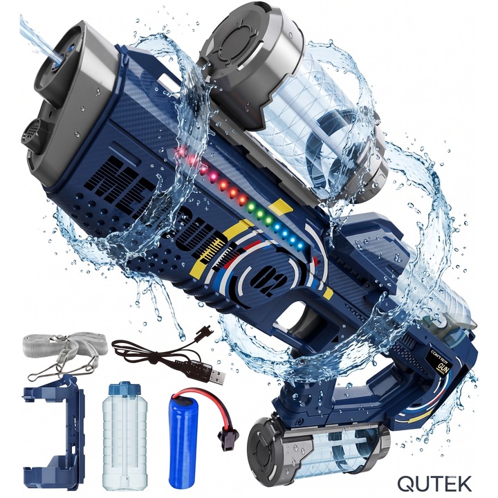 Pistol cu Apa Electric Qutek pentru Copii, Jet Puternic 10m, Lumini si Sunete Interactive, 3 Rezervoare, Acumulator 2200mAh