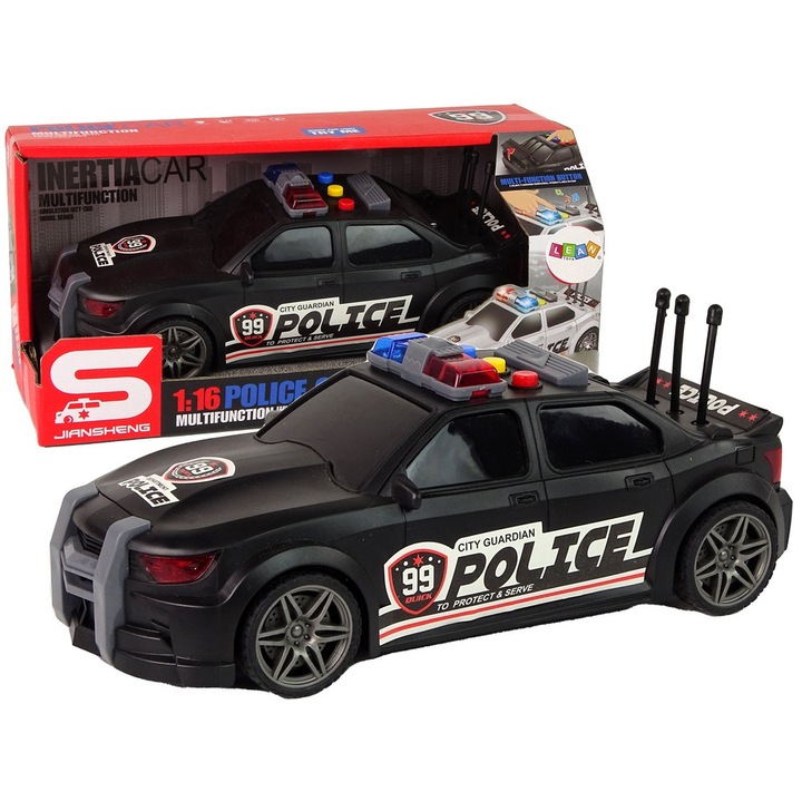 Masinuta LEAN TOYS, politie, 3 ani, plastic, scara 1:16, sunete, negru