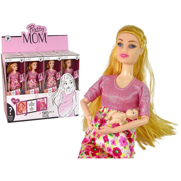 LEAN TOYS terhes baba, rózsaszín ruha virággal, szőke haj, 3 éves, műanyag, 30x7x5cm