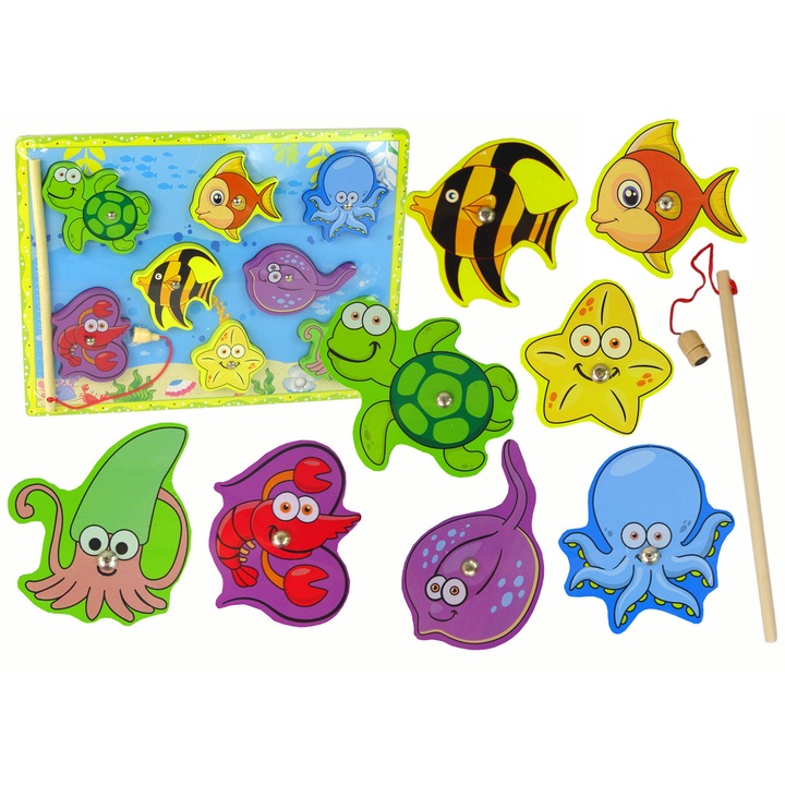 Set de Pescuit Animale Marine, LEAN TOYS, Educativ, Magnetic, Multicolor, 30x22x1cm, 3 ani, lemn
