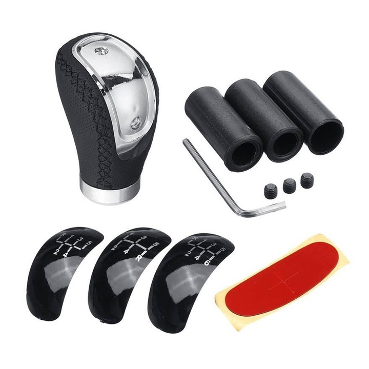 QttvbTna sebességváltó gomb készlet, 1 golyós gomb / 1 csavarkulcs / 1 kétoldalas szalag / 3 csavar / 3 adapter / 3 sebességváltó gomb burkolat, ABS, fekete, 95x57x35 mm
