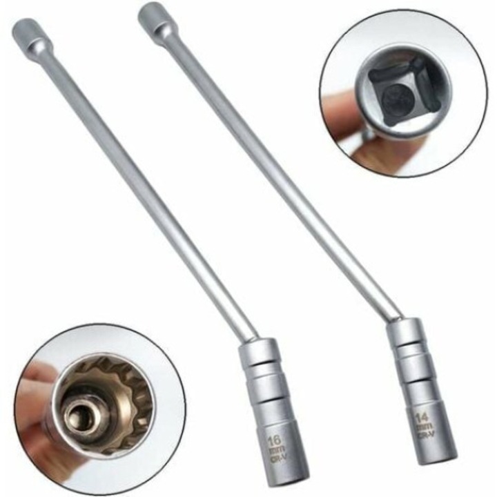 Set 2 chei tubulare pentru bujii, QttvbTna, articulatie pivotanta 360°, magnetice, perete subtire, 14mm si 16mm