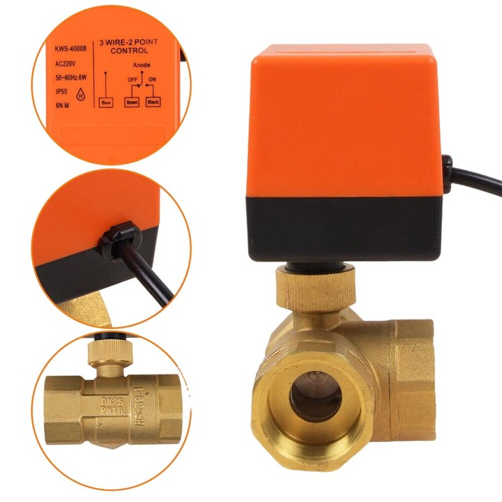 Електрически сферичен кран QttvbTna, 2пътен, DN25, месинг, 90 градуса, 1.6MPa, 220V