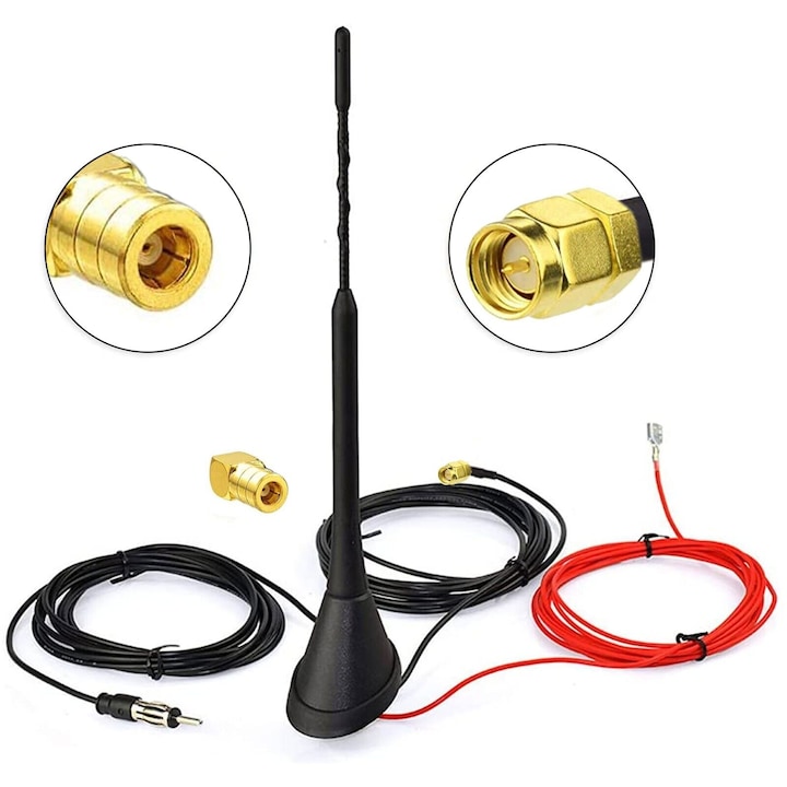 Antena radio auto, DAB + FM, cu amplificator, conector DIN SMB