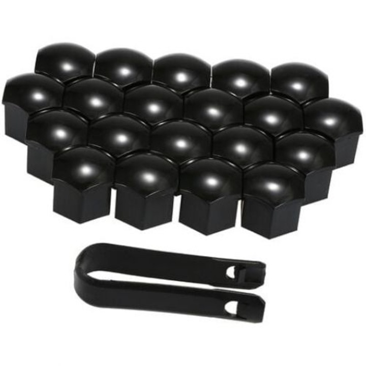 Set 20 capace suruburi roata cu ustensila de montare, 21mm, ABS, Negru
