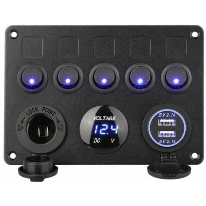 Kohree többfunkciós kapcsolópanel, 5 állású, kék LED, 2 USB, feszültségkijelző, vízálló, 12V/24V