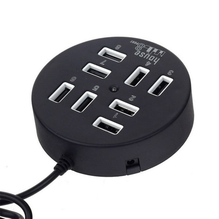 Хъб, QttvbTna USB 2.0, 8 порта, син, бял/черен LED индикатор