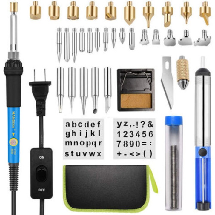 Pirográfia szett, QttvbTna, 54 db, 60W, állítható hőmérséklet 200-450°C