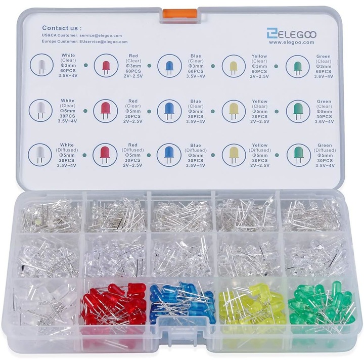 Комплект светодиоди QttvbTna, 3 мм и 5 мм, прозрачни и дифузни, 5 цвята, 600 бр., Многоцветни, Premium