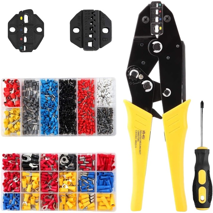 Set scule QttvbTna, cleste sertizare 2 in 1 cu capete de schimb, 370 mufe cablu si 800 conectori izolati