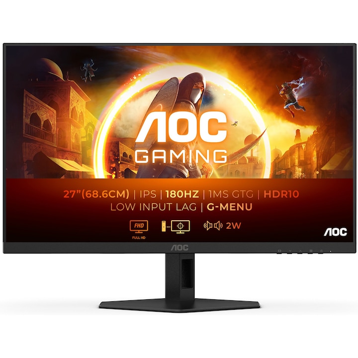 Монитор 27'' AOC 27G4XE, WLED, IPS, 1920 x 1080, 2 x HDMI 2.0, 1 x DisplayPort 1.4, 1 x Audio Out, Вградени високоговорители 2 x 2W