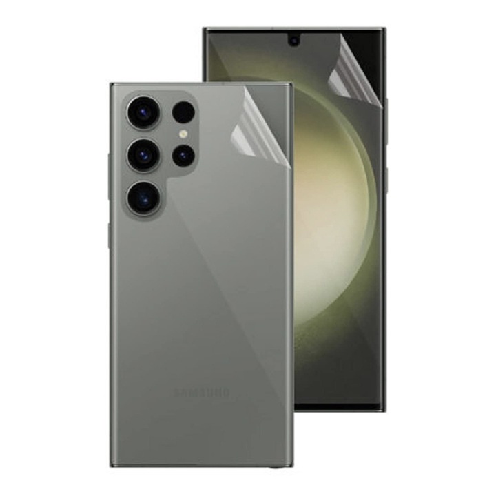 Set protectie folie mata fata-spate pentru Samsung Galaxy S25 Ultra, Polimer siliconic, Adeziv premium, Montare usoara, Fara lichid, Regenerabila, Full Glue