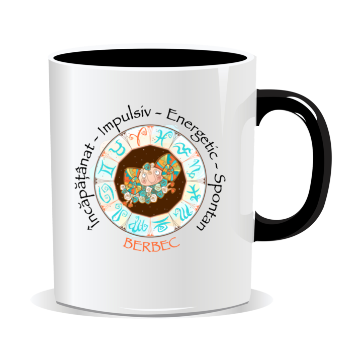 Cana personalizata cu semne zodiacale, Cercul cu horoscop, Berbec, 330ml, interior nergu