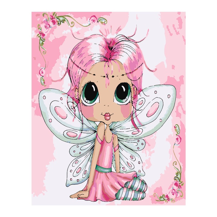 Set pictura pe numere Zana magica 4437, panza bumbac pe rama lemn, 40x50 cm, tablou cu schita, 3 pensule si vopsea acrilica