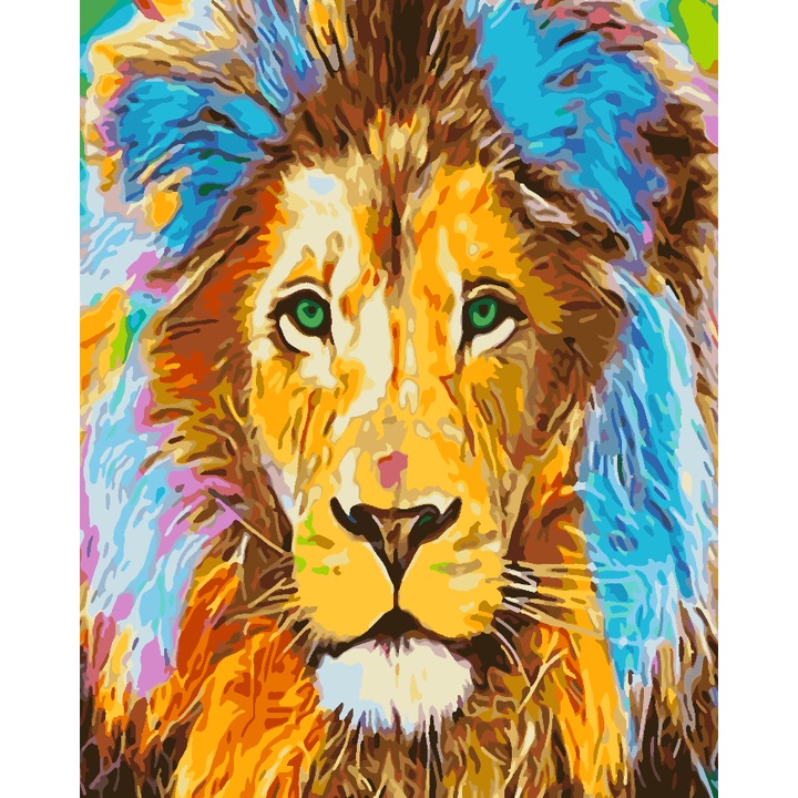 Set pictura pe numere Leu portret 4442, panza bumbac pe rama lemn, 40x50 cm, tablou cu schita, 3 pensule si vopsea acrilica