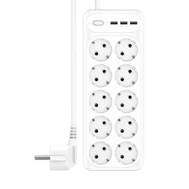 Разклонител XO WL07, 10Sockets + 3USB + Power button, бял
