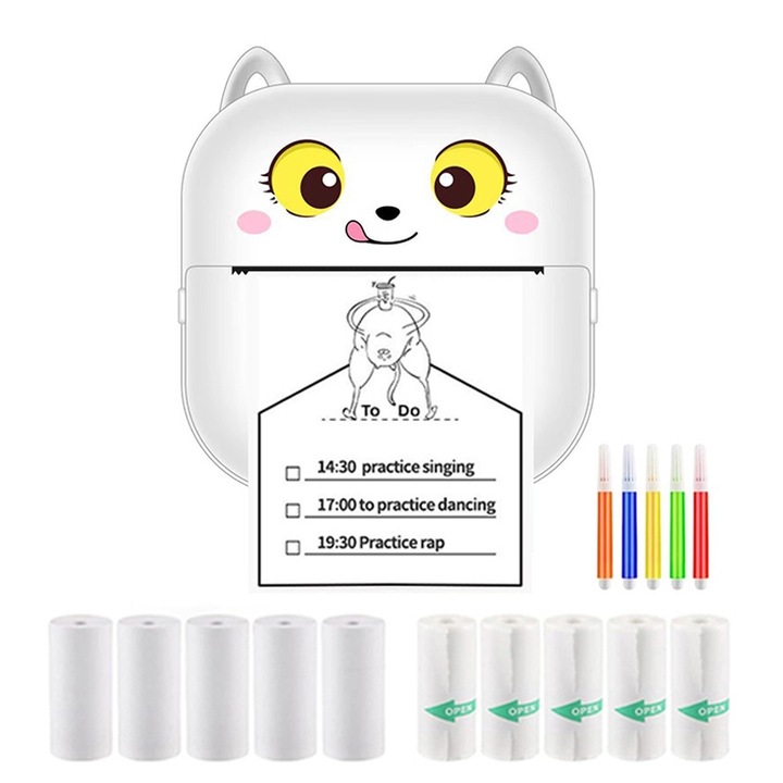 Мини термопринтер NAXSIR, С 10 хартиени ролки 57x25 mm, Залепващ се, Комплект цветни химикалки, iOS / Android съвместим, APP печат, Бял