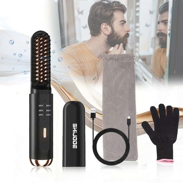 Perie electrica pentru barba si indreptat parul fara fir, SHIJOOE®, 2 in 1，3 reglaje de temperatura, tehnologie ionica, incalzire rapida, incalzire anti-oparire, fara increti，Fara Fir，Design Ergonomic，pentru barbati si femei，Portabil，negru