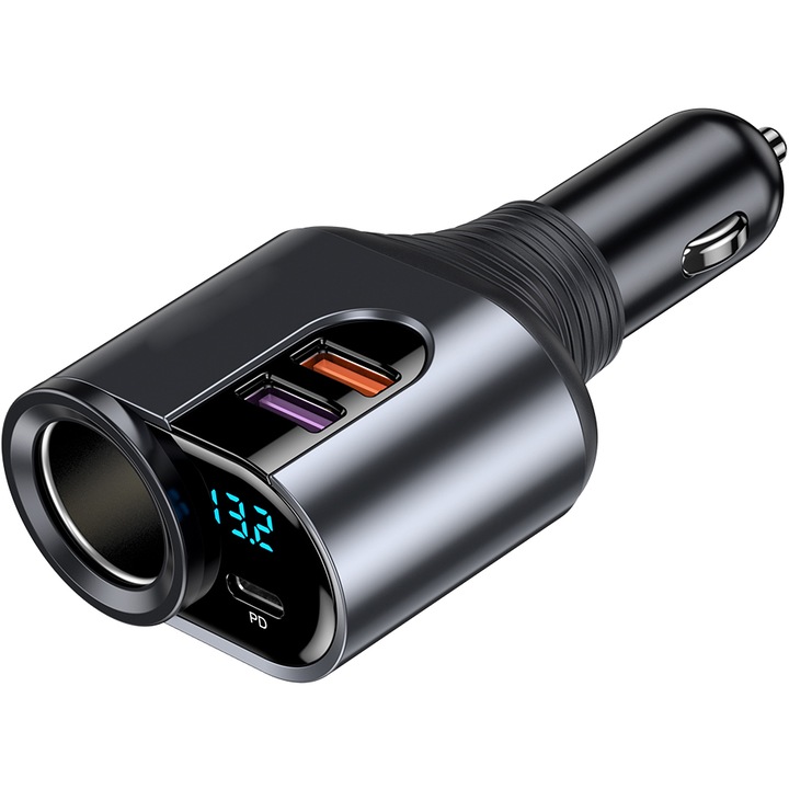 66W autós gyorstöltő kompatibilis 12V és 24V szivargyújtó interfésszel, állítható szögű, szivargyújtó interfésszel, 2 USB interfésszel és 1 PD interfésszel, alkalmas iPhone, iPad, Samsung és egyéb Android telefonokhoz
