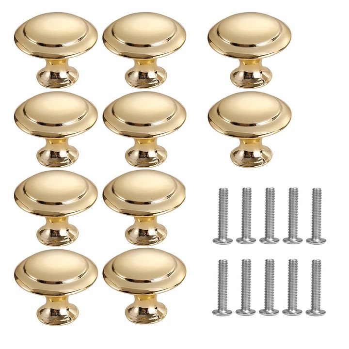 Комплект от 10 мебелни дръжки, Darklove, Диаметър 30 мм, Включени фиксиращи винтове, Основа от цинкова сплав, Лесни за инсталиране, Кръгли, За кухня, спалня, шкафове, чекмеджета, Златни