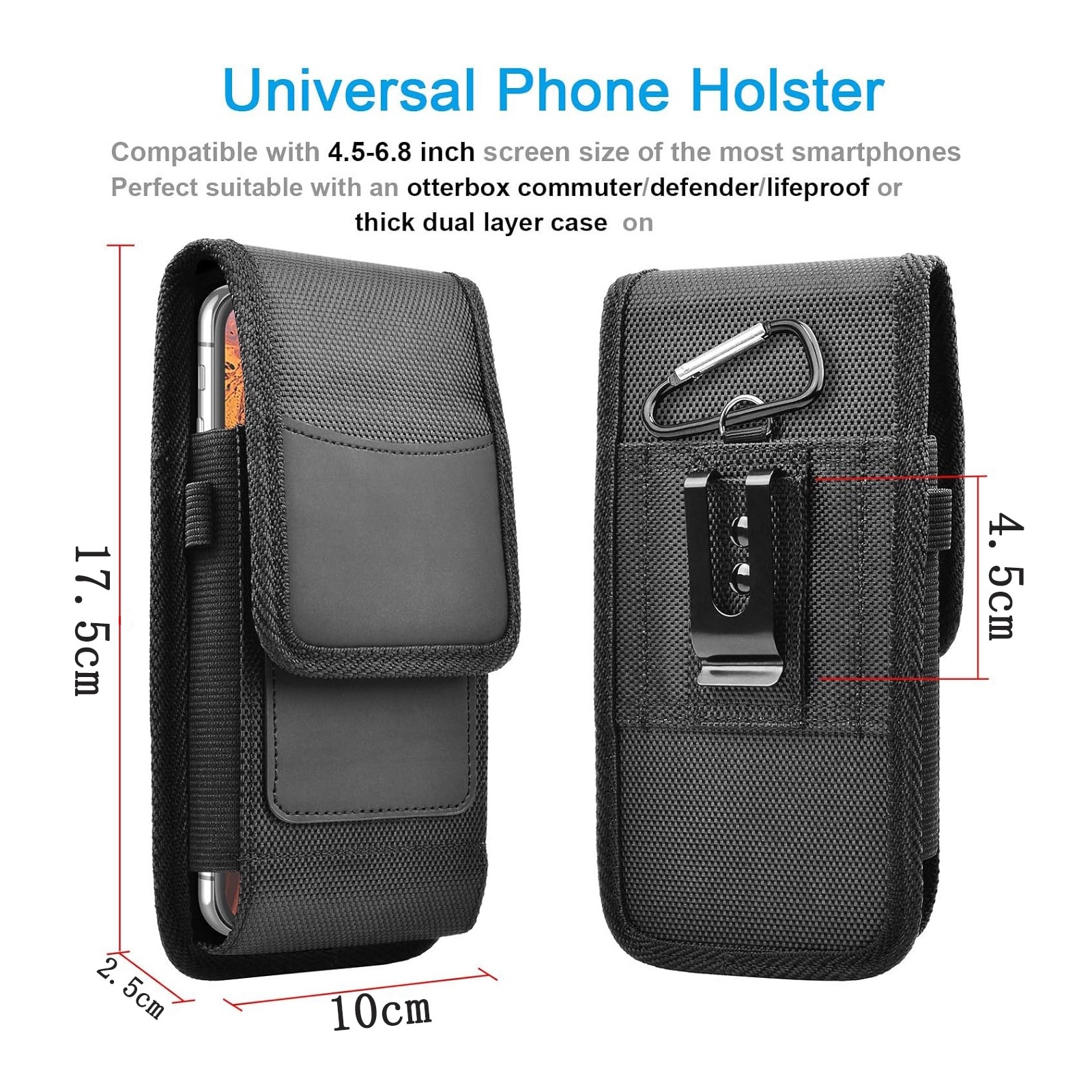 Husa Telefon, SINBINTA, Vertical, Captuseala interioara respirabila, Cu carabinier, Design cu slot pentru card si bucla pentru stilou, Optiune ideala pentru calatorii, drumetii, ciclism, Panza Oxford, 17.5 x 10 x 2.5 cm, Negru