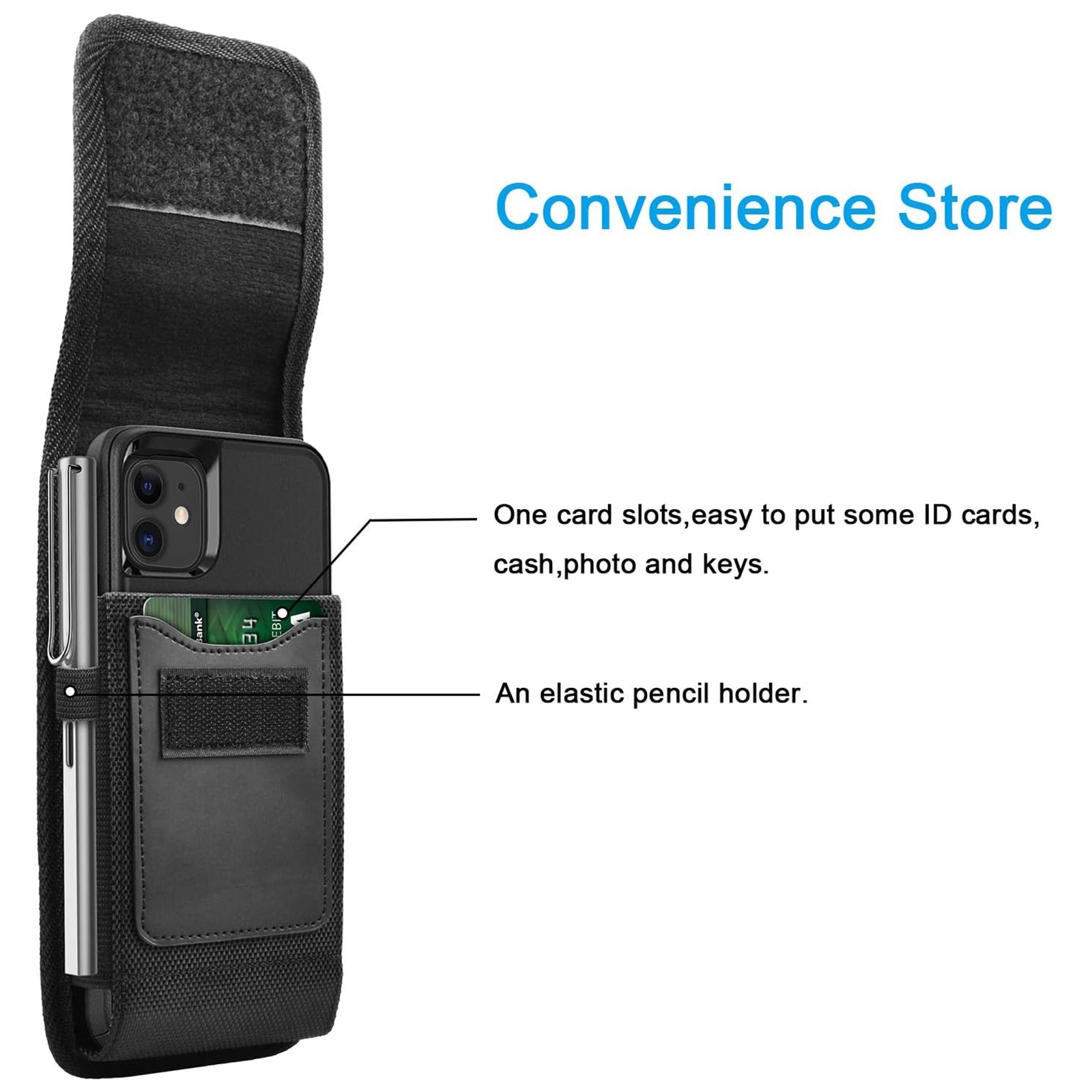 Husa Telefon, SINBINTA, Vertical, Captuseala interioara respirabila, Cu carabinier, Design cu slot pentru card si bucla pentru stilou, Optiune ideala pentru calatorii, drumetii, ciclism, Panza Oxford, 17.5 x 10 x 2.5 cm, Negru