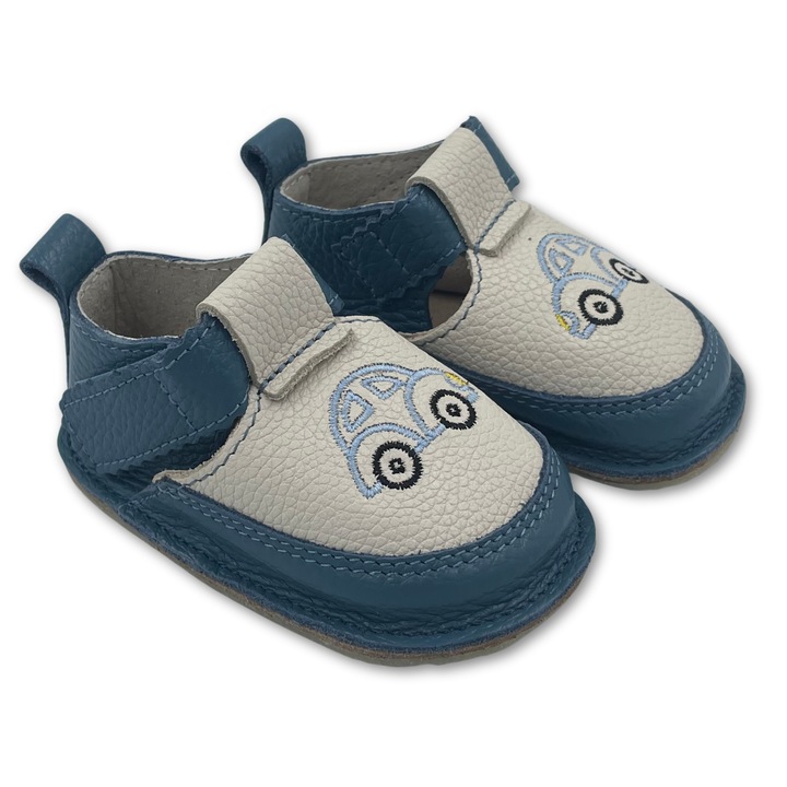 Pantofi copii, primii pasi, Piele Naturala, barefoot, Macco, Masina, Albastru/Crem deschis, Crem deschis/Albastru