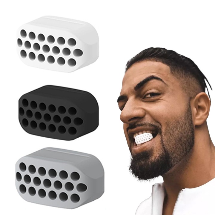 Set 3 aparate pentru antrenare maxilar cu suport pentru depozitare, Silicon, 3x1.6x1.5 cm in 3 culori