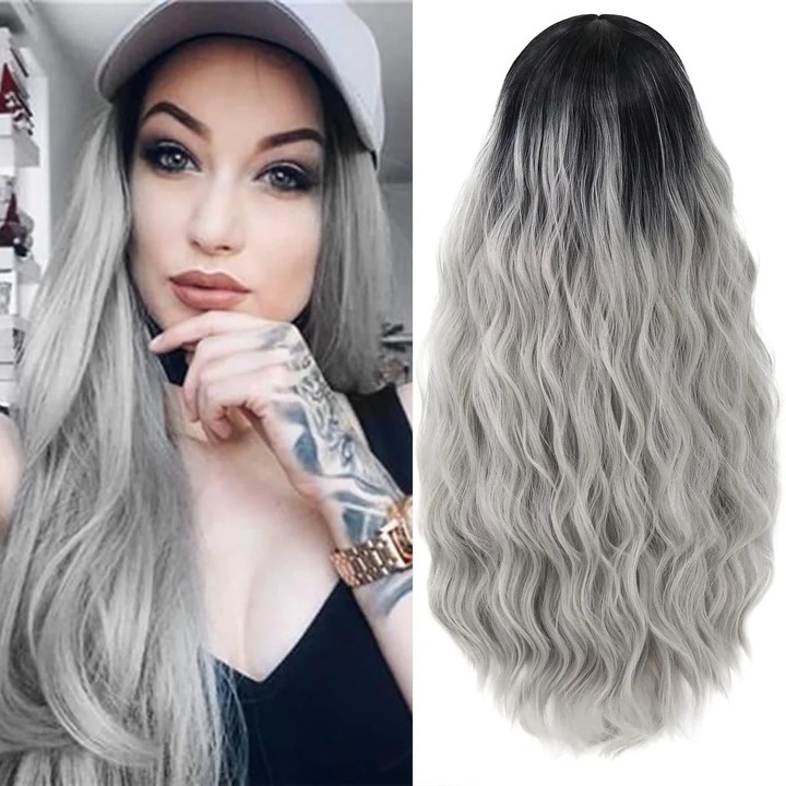 Peruca Argintie Gri Silver, Animis Beauty ®, fibra sintetica cu aspect natural, par lung ondulat, fara breton, 65 cm