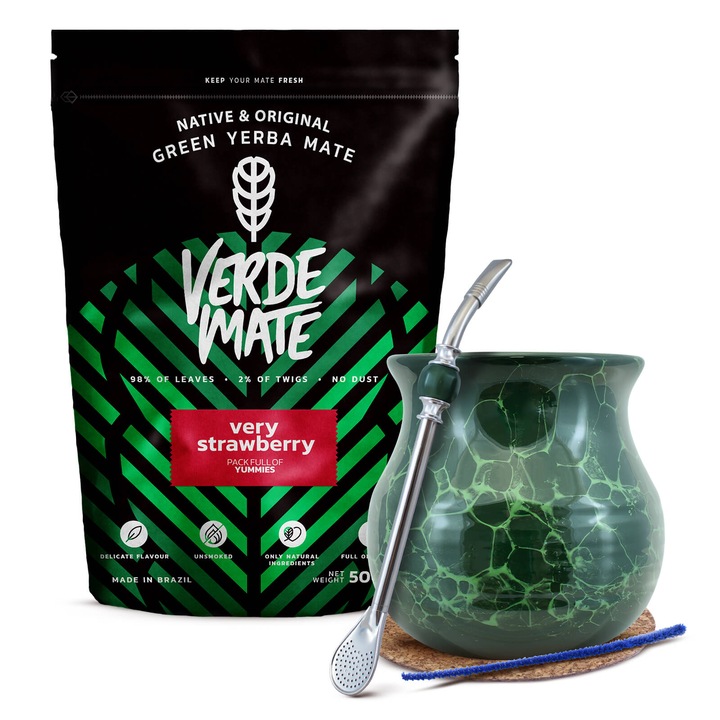 Yerba Mate Készlet, Verde Mate Strawberry 500g, Kerámia Bögre Zöld, 375 ml
