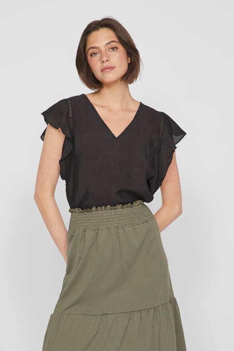 Vila, Bluza cu decolteu in V si maneci fluture, Negru, S
