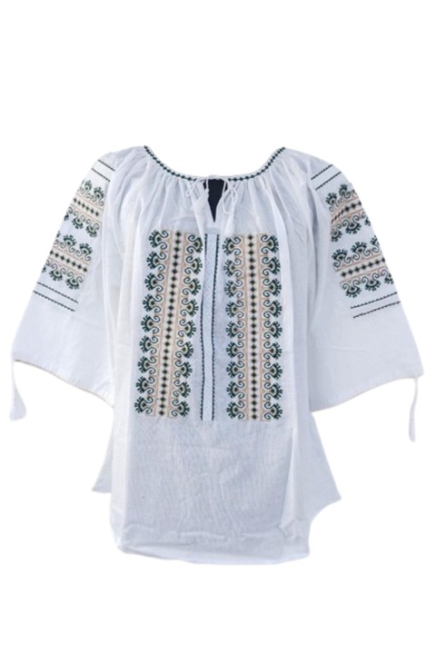 Bluza tip ie dama, Broderie Negru-Bej, Bumbac, Model Traditional, Maneca 3/4