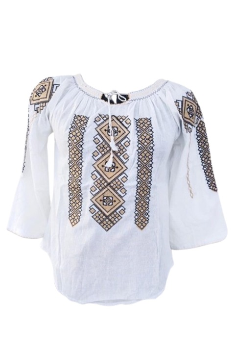 Bluza tip ie dama, Broderie Bej-Negru, Bumbac, Model Traditional, Maneca Lunga